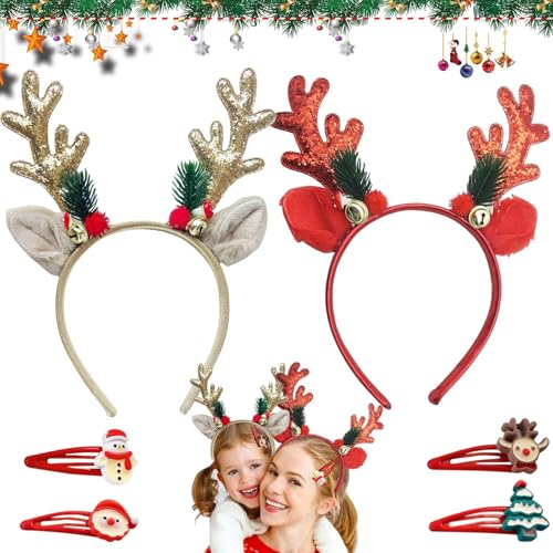 Haarreif Weihnachten, 2 Stück Weihnachts Kopfschmuck, Glitzer Weihnachts Stirnbander, Rentier Geweih Kopfschmuck Haarband, Weihnachtshaarreifen, Weihnachtsfeier Accessoire für Erwachsene Kinder von KIKVTER