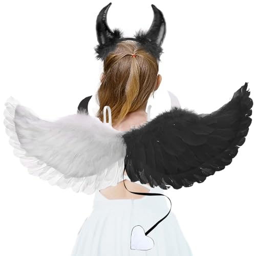 Halloween Flügel, 3 Stück Engelsflügel Kostüm, 62CM Engel Flügel mit Karneval Teufel Horn Haarband und Zauberstab Teufel, Kostüm Damen Engel, Party Fasching Kostüme Deko Kostümparty von KIKVTER