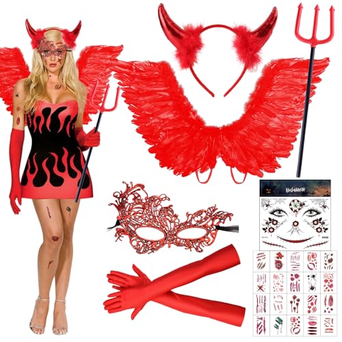 Halloween Flügel Rot, Engel Kostüm Damen Rot, 66cm Engelsflügel Rot, Federflügel Engel, Rot Engel Kostüm Mädchen, Teufels Flügel Helloween, Halloween Kostüm Damen Halloween Party Karneval Cosplay von KIKVTER