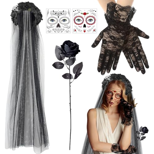 Halloween Kostüm Damen, Dia De Los Muertos Haarreif Schleier, Tag der Toten Kostüm Damen, Halloween Haarschmuck, Tag der Toten Haarschmuck, Spitzenhandschuhe, Halloween Karneval Fasching Accessoires Halloween Kostüm Damen, Dia De Los Muertos Haarreif Schleier, Tag der Toten Kostüm Damen, Halloween Haarschmuck, Tag der Toten Haarschmuck, Spitzenhandschuhe, Halloween Karneval Fasching Accessoires von KIKVTER