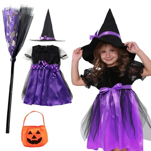 Halloween Kostüm Kinder, 120cm Hexenkostüm Mädchen mit Hexenhut, Sammeltasche und Kinder Besen, Hexenkostüm Kinder, Kostüm Hexe Kinder für Halloween Karneval Fasching Maskerade Hexennacht Cosplay von KIKVTER