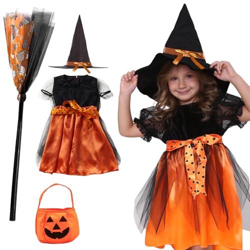 Halloween Kostüm Kinder, 120cm Hexenkostüm Mädchen mit Hexenhut, Sammeltasche und Kinder Besen, Hexenkostüm Kinder, Kostüm Hexe Kinder für Halloween Karneval Fasching Maskerade Hexennacht Cosplay von KIKVTER