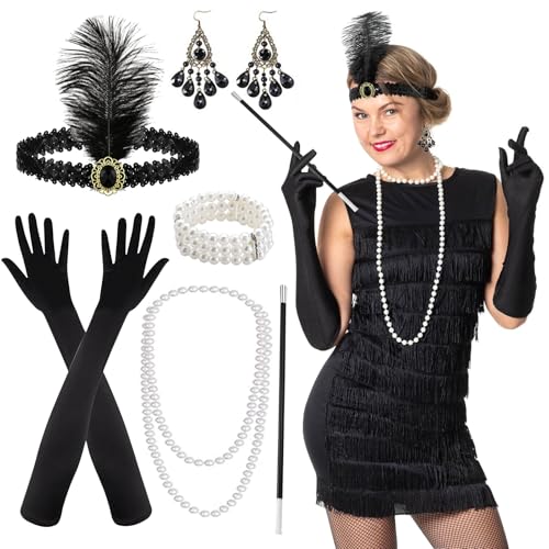 KIKVTER 20er Jahre Accessoires, 6 Stück 20er Jahre Kostüm Damen, 20er Jahre Accessoires Damen, 1920er Accessoires Damen mit Stirnband Handschuhen Perlenkette Ohrringen für Halloween, Cosplay-Kostüme von KIKVTER