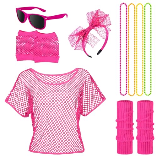 80er Jahre Outfit Damen, 90er Jahre Outfit Damen, 80er Jahre Accessoires mit Netzshirt, Beinwärmer, Netzhandschuhe, Netzhandschuhe, Stirnband und Neon Brille, Retro Neonrosa Fasching Party Karneval von KIKVTER