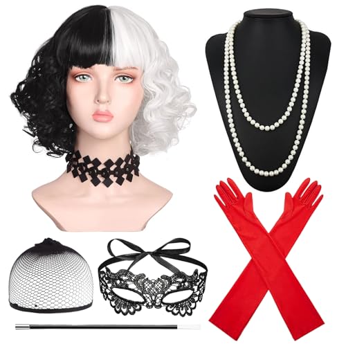 KIKVTER Cruella Kostüm Damen, Halloween Kostüm Damen, 70er Jahre Accessoires, Perücke Schwarz Weiß, Kurze Schwarze und Weiße Perücke mit Damen Spitze Maske, Handschuhe Halskette Set für Fasching von KIKVTER