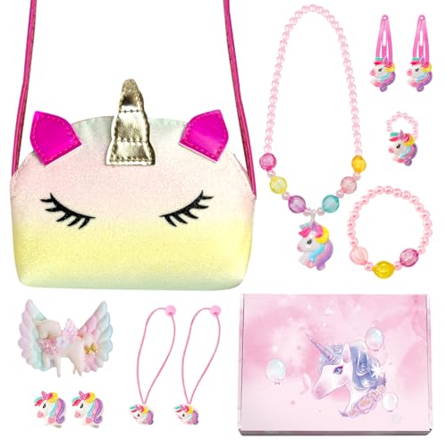 KIKVTER Einhorn Geschenke für Mädchen, Mädchen Geschenke 2 3 4 5 6 Jahre, Einhorn Handtasche Schmuckset für Mädchen, Einhorn Halskette Armband Haarspange Schmuckset für Mädchen, Kinder Schmuckset von KIKVTER