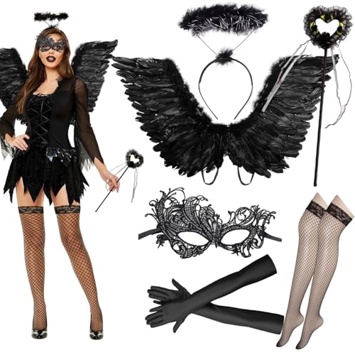 Engelsflügel Schwarz, Schwarzer Engel Kostüm Damen, 66cm Schwarze Flügel, Flügel Schwarz, Schwarzer Engel Kostüm Set, Halloween Kostüm Damen Halloween Party Karneval Cosplay Erwachsenes Kinder von KIKVTER