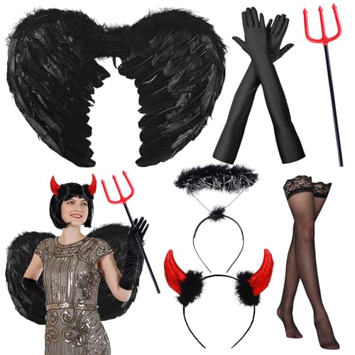 Engelsflügel Schwarz, Schwarzer Engel Kostüm Damen, 60cm Schwarze Flügel, Flügel Schwarz, Schwarzer Engel Kostüm Set, Halloween Kostüm Damen Halloween Party Karneval Cosplay Erwachsenes Kinder von KIKVTER