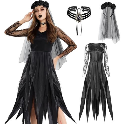 KIKVTER Halloween Kostüm Damen, Zombie Braut Kostüm Damen Schwarze, Geisterbraut Kostüm Damen, Kostüm Halloween für Halloween Fasching Karneval kostüm Damen Geisterbraut Vampir Zombie Damen Hexen von KIKVTER