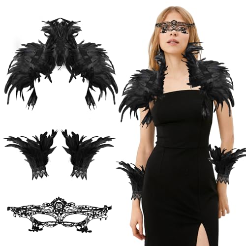 Federkragen, Federkragen Schwarzer Kostüm Damen mit Feder Manschetten, Federumhang Schwarz Maleficent Kostüm Gothic Feder Cape, Gothic Feder Achselzucken, Pfau Raben Kostüm Damen für Karneval Cosplay von KIKVTER