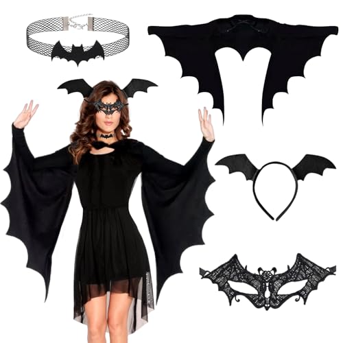 KIKVTER Fledermaus Kostüm Damen, Halloween Kostüm Damen, Halloween Kostüm Fledermaus, Fledermausflügel Erwachsene mit Maske, Haarreif, Halskette Set Grusel Vampire Karneval, Mottoparty, Halloween von KIKVTER