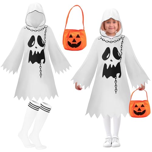 KIKVTER Halloween Kostüm Kinder, Geister Kostüm Kinder, Halloween Kostüm Kinder Geist, Kinderkostüm Geisterumhang mit Sammeltasche Kürbis, Gespenst Faschingskostüme Geisterkostüm für Fasching Cosplay von KIKVTER