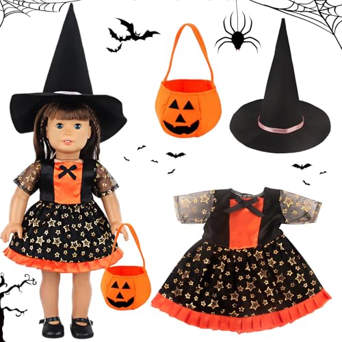 Puppenkleidung Halloween, Halloween-PuppenKostüm, 18 Zoll Puppen Dress Up Kostüm, Puppen Kleidung, Puppenkleider Hexenhut Kleid Spielzeug für Halloween Karneval Fasching Maskerade Hexennacht Cosplay von KIKVTER