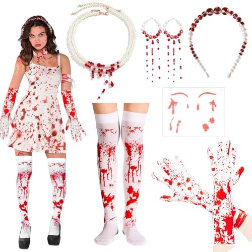 Halloween Kostüm Damen, Halloween Accessoires Damen, Haarschmuck Halloween, Halloween Blutkette Ohrringe Handschuhe Blut Tattoo Gesicht und Strümpfen Blutbefleckten für Karneval Kostüm Party Cosplay von KIKVTER