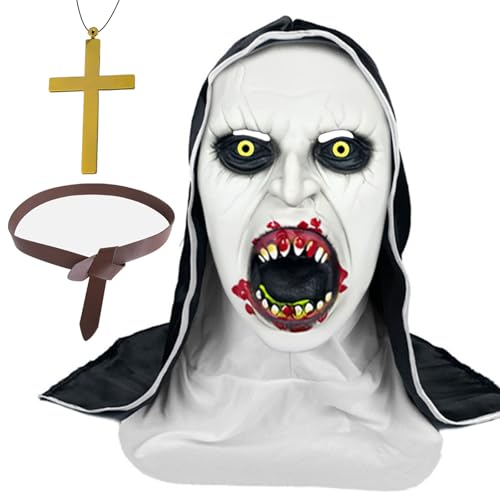 Halloween Maske, Gruselige Nonnen Maske, Gruselige Halloween Masken, Halloween Horror Masken, Halloween Kostüm Herren Nonne Horror mit Kopftuch für Erwachsene Halloween Cosplay Kostüm Party Requisiten von KIKVTER