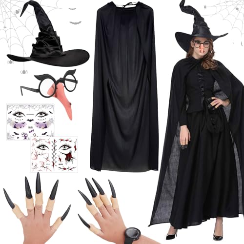 Hexenkostüm Damen Halloween, Hexenumhang Hexenhut Damen, Hexe Umhang Halloween, Hexe Kostüm, Hexen Accessoires Damen mit Hexennase Lang, Vampir Umhang, Halloween Fasching Kostüme für Damen Frauen von KIKVTER