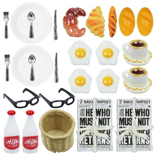 KIKVTER Miniatur Wichtel Zubehör, 24 Stück Puppenhaus Wichteltür Frühstück Set, Wichtel Zubehör Weihnachten Set, 1/12 Mini Geschirr Besteck Teller Eier Milch Brot Tasse Zeitung Messer Gabel von KIKVTER