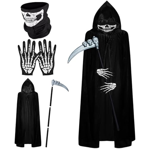 KIKVTER Sensenmann Kostüm,Halloween Kostüm Sensenmann, Halloween Umhang Set mit Sense, Schädelmaske, Umhang, Handschuhe,Halloween Umhang Sensenmann Kostüm Kinder für Halloween Karneval Cosplay von KIKVTER