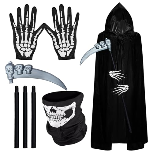 KIKVTER Sensenmann Kostüm,150cm Halloween Grim Reaper Kostüm,Skelett Maske,Skelett Handschuhe,Schwarzer Umhang und Halloween Sense,Sensenmann Kostüm Erwachsene für Cosplay Halloween Party Totenkopf von KIKVTER