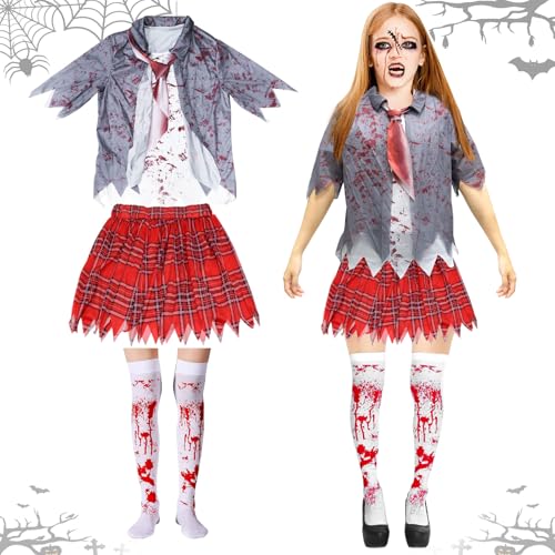 Halloween Kostüm Damen, Zombie Kostüm Damen, Zombie Schulmädchen Kostüm, Halloween Kostüm Zombie, Halloween Kostüm Damen Zombie, Kostüm Zombie für Schaurige Events, Halloween, Fasching, Karneval von KIKVTER