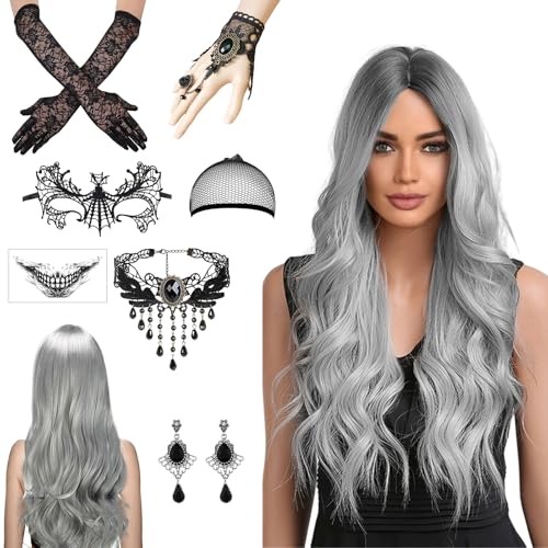 Perücke Halloween Damen, 70cm Halloween Perücke Damen, Graue Perücke Damen, Halloween Accessoires Damen mit Haarnetz, Spitze Maske und Gotisch Halskette Armbänder für Halloween Karneval Cosplay Party von KIKVTER