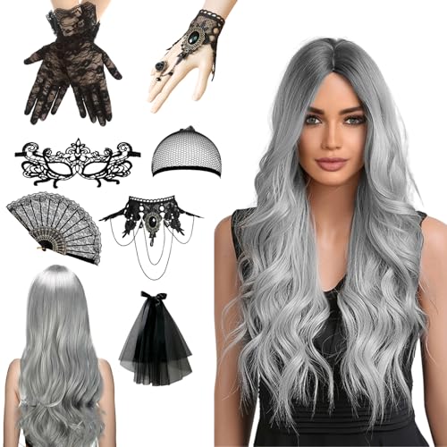 Perücke Halloween Damen, 70cm Halloween Perücke Damen, Graue Perücke Damen, Halloween Accessoires Damen mit Haarnetz, Spitze Maske und Gotisch Halskette Armbänder für Halloween Karneval Cosplay Party von KIKVTER