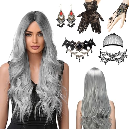 Perücke Halloween Damen, 70cm Halloween Perücke Damen, Graue Perücke Damen, Halloween Accessoires Damen mit Haarnetz, Spitze Maske und Gotisch Halskette Armbänder für Halloween Karneval Cosplay Party von KIKVTER