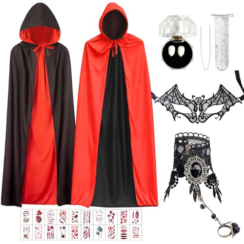 Teufel Kostüm Damen, Vampir Umhang, Halloween Kostüm Damen, Halloween Kostüm Vampir Set, 140cm Umhang Schwarz Rot Cape Umhang Halloween Umhänge Mittelalter Vampir Kostüm Erwachsene Herren Damen von KIKVTER