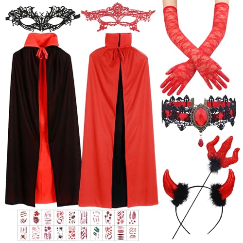 Vampir Umhang, Halloween Kostüm Damen, Halloween Kostüm Vampir Set, Vampir Kostüm Damen, 140cm, Wendbar Schwarz Rot, Tattoo-Aufkleber, Umhang Vampir Kostüm Erwachsene Fasching Party Deko Cosplay von KIKVTER