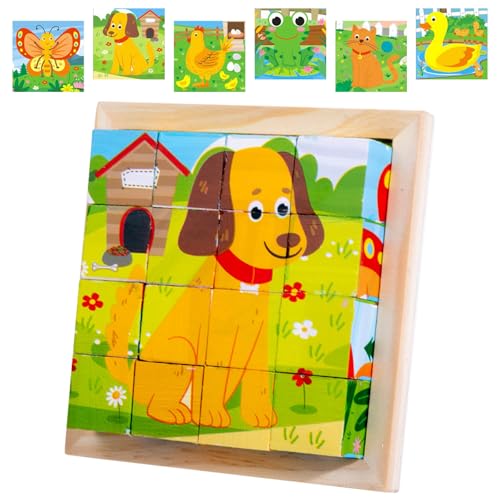 Würfelpuzzle, Würfelpuzzle Holz, Bilderwürfel Holz, 3D Bilderwürfel Puzzlespiele,Würfelpuzzle Puzzlespiele 6 in 1 Tier-Motive für Kinder ab 2 3 4 Jahren,Holzpuzzle Montessori Spielzeug Jungen Mädchen von KIKVTER