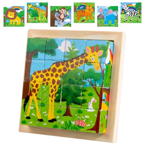 Würfelpuzzle, Würfelpuzzle Holz, Bilderwürfel Holz, 3D Bilderwürfel Puzzlespiele,Würfelpuzzle Puzzlespiele 6 in 1 Tier-Motive für Kinder ab 2 3 4 Jahren,Holzpuzzle Montessori Spielzeug Jungen Mädchen von KIKVTER