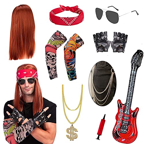 Punker Rockstar Kostüm Accessoires Herren, Rocker 80er 90er Jahre Outfit, Punk Gothic Kit mit Bandanas, Rocker PerüCke, Punk Handschuhe, Tattoo Sleeve, Punk Kette, Aufblasbare Gitarre, Jeanskette von KILLIAN'S Store