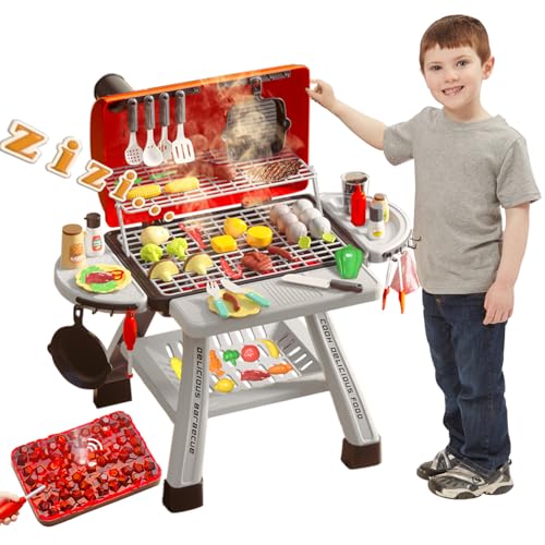 Barbecue Grill Spielzeug Set, Kinder BBQ Küche Spielset mit Rauchton Licht Simulation Camping Kochen Interaktives Spielzeug Weihnachten Geburtstagsgeschenk für Kleinkinder Mädchen Jungen 2-6 von KIMICARE