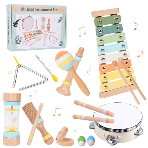 KIMIGO Musikinstrumente für Kinder ab 3 Jahr,Baby-Musikinstrumente,Musikinstrumente Musical Instruments Set,Schlaginstrumente aus Holz,Xylophon Montessori,Neutrale Farben Musikspielzeug von KIMIGO