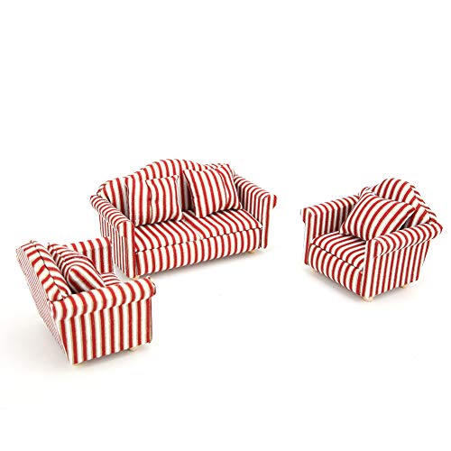 1:12 Mini-Puppenhaus-Möbelset – 3-teiliges Sofa in Orange mit Goldenen Streifen und 4 Kissen für die Puppenhaus-Dekoration von KIMISS