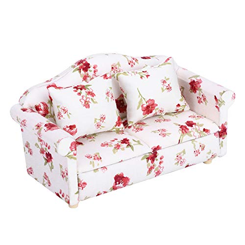 KIMISS Dollhouse Accessoires Blumenmuster Mini Doppelsofa für 1/12 Skala Puppen - Stilvolle Puppenhausmöbel (Große Blumencluster) von KIMISS