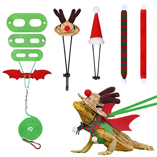 1 Set Bartagamen Weihnachtskostüm, 7stk Bartagamen Kleidung Bartagamen Schal Weihnachtsmütze Eidechsen Leinengeschirr für Reptilien Weihnachten Urlaub Cosplay (Grün & Rot) von KINBOM