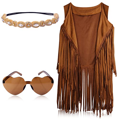 KINBOM Hippie Kostüm Set Damen, 60er 70er Hippie Costume Set Bohemian Hippie Kostüm Damen Accessoires Set Fransen Weste Stirnband Herz Sonnenbrille für Damen (S) von KINBOM