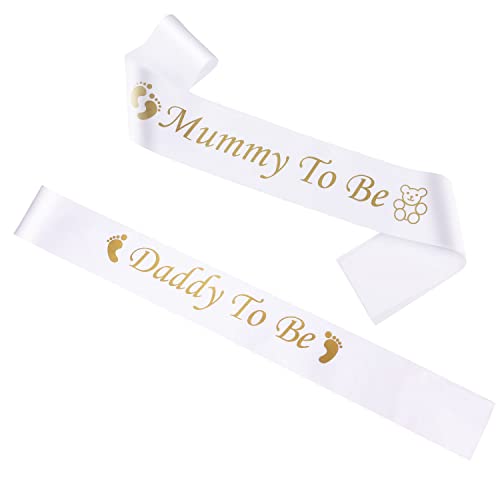 KINBOM Mummy to Be Schärpe & Daddy to Be Schärpe für Babyparty mit Fußabdrücken Bärenmustern Schärpe Baby Shower für Mama und Papa Gender Reveal Party Favors von KINBOM