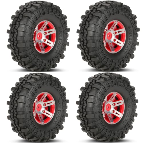 KINGCOO 4PCS 110mm 1.9 Zoll RC Crawler Metall Beadlock Räder Felgen Reifen Gummireifen Set für 1/10 RC Rock Crawler Car Teile für Axial SCX10 Tamiya TRX4 D90 TF2 (Rot) von KINGCOO