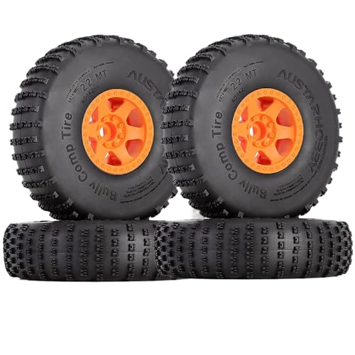 KINGCOO 4PCS 2.2 Zoll Beadlock Kunststoff Räder Felgen und 142mm Gummireifen Set 12mm Hex für 1/10 RC Rock Crawler Auto für Axial SCX10 TRX4 90018 RR10 (Orange) von KINGCOO