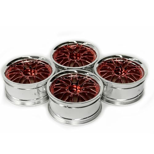 KINGCOO 4PCS 52mm Durchmesser 10Y-förmig Kunststoffbeschichtung Rad Felgen Offset:3mm Hex 12mm für 1:10 RC On-Road Run-flating Drift Touring Racing Rallye Auto 1.9inch Reifen Teile (Rot Silber) von KINGCOO