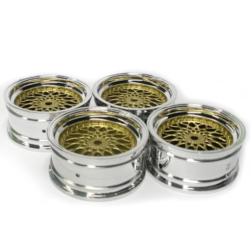 KINGCOO 4PCS 52mm Durchmesser Kunststoffbeschichtung Rad Felgen Hex 12mm für 1:10 RC On-Road Run-flating Drift Touring Racing Car 1.9inch Reifen (Gold Silber Offset:3mm) von KINGCOO