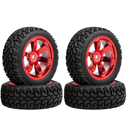 KINGCOO 4Stück 75mm Gummireifen und Kunststoffräder,RC Reifen und 6-Speichen Rader Felgen für 1/10 RC Auf Straße Auto 1/16 RC Rallye Auto (Rot) von KINGCOO