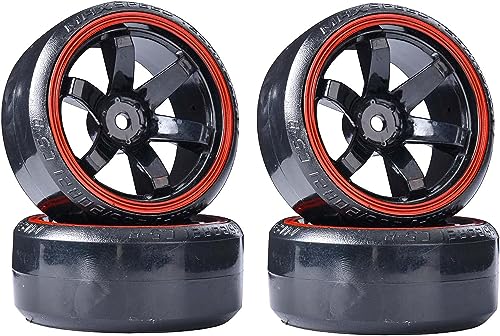 KINGCOO 4Pcs 63mm RC Drift Auto Reifen Harte Reifen und Kunststoff Felgen für 1/10 On-Road Rennsport Driftendes Auto Ersatzteil für HSP Tamiya HPI Kyosho (Schwarz/Rot) von KINGCOO