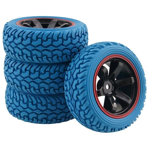 KINGCOO 4Stück 75mm Gummireifen und Kunststoffräder Set,RC Auto Reifen und 6-Speichen Rader Felgen für 1/10 RC Auf Straße 1/16 RC Rallye Auto für Traxxas Kyosho Tamiya HSP HPI (Blau+Schwarz Rot) von KINGCOO