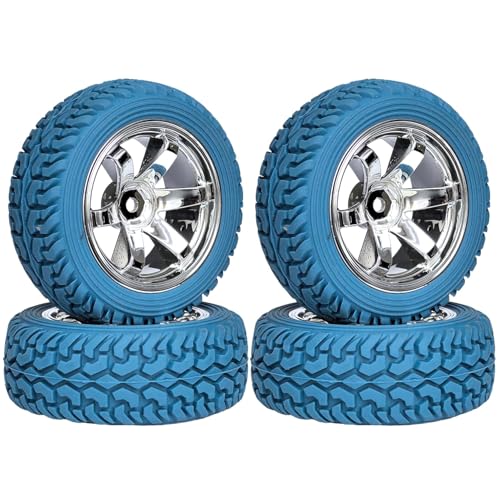 KINGCOO 4Stück 75mm RC Auto Gummireifen und 6Speichen Kunststoff Felgen Räder Set 12mm Hex für 1/10 RC On-Road Racing Car 1/16 RC Rallye Auto für Kyosho Tamiya HSP HPI (Blau Silber) von KINGCOO