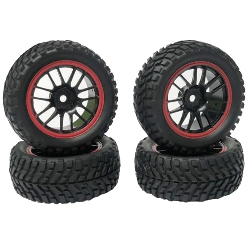 KINGCOO 4Stück 75mm RC Gummireifen und Kunststoffräder Rader Felgen für 1/10 RC Auf Straße Auto 1/14 1/16 RC Crawler Off-Road Truck Rallye Auto Ersatzteile 1.9 Reifen (Schwarz Rot) von KINGCOO