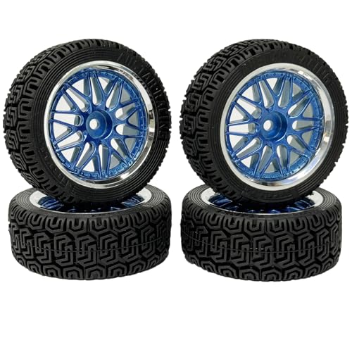 KINGCOO 4Stück RC Auto Reifen und Räder Set, 68mm Gummireifen Kunststoffbeschichtung 10Y-förmigen Rad Felgen für 1/10 RC On-Road Racing Auto 1/16 RC Rallye Auto (Blau Silber) von KINGCOO