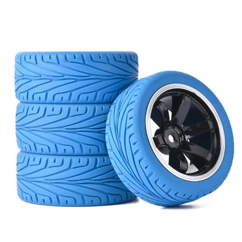 KINGCOO 65mm Gummireifen und Kunststoffräder Set,RC Auto Reifen und Rader Felgen 12mm Hex für 1/10 RC Auf Straße Racing Touring Auto für HSP HPI Kyosho Tamiya (Blau,Schwarz/Silber) von KINGCOO